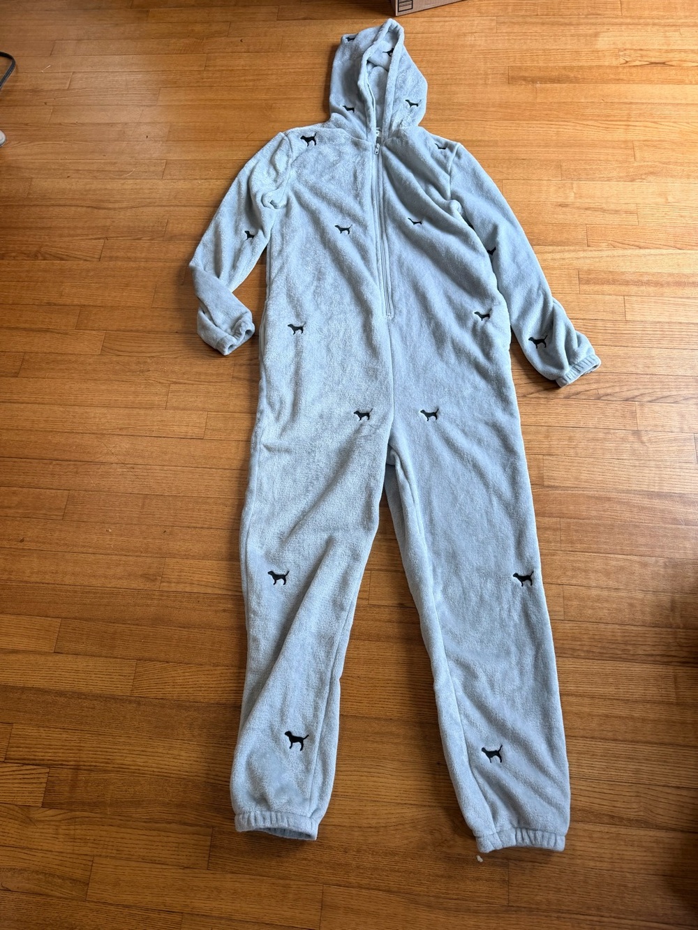 VS PINK Victoria's Secret Grey Fleece Dog Logo Hooded Onesie Jumpsuit XS S